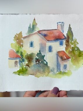 Original Watercolor Village House signed